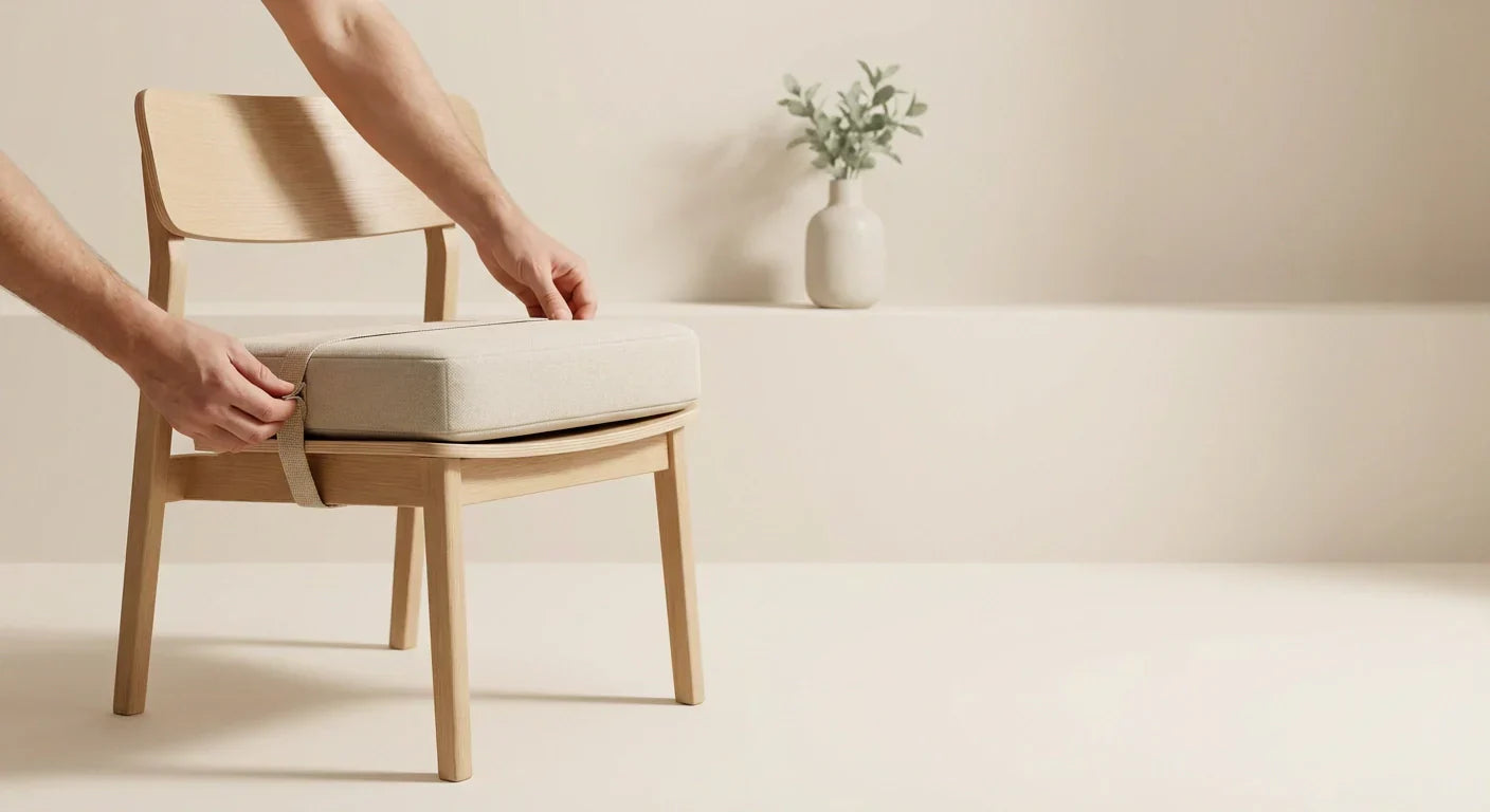 Coussin rehausseur enfant install? sur une chaise en bois Image