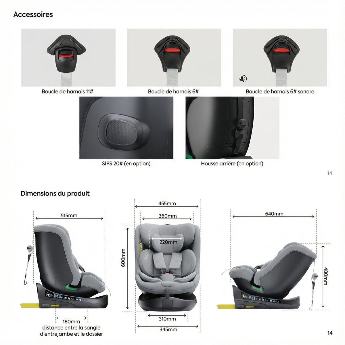 Siège auto rehausseur Isofix gris avec dimensions visibles