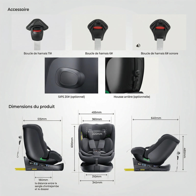 Siège auto pivotant i-Size noir avec dimensions visibles