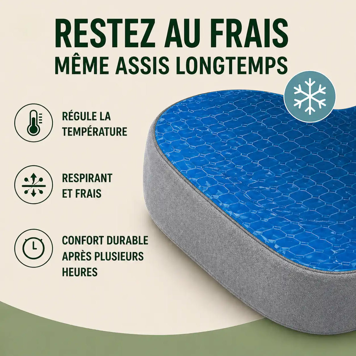 Coussin coccyx mémoire de forme gris surface rafraîchissante visible