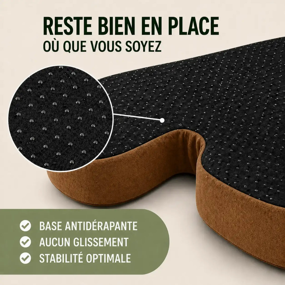 Coussin mémoire antidérapant marron base antidérapante visible