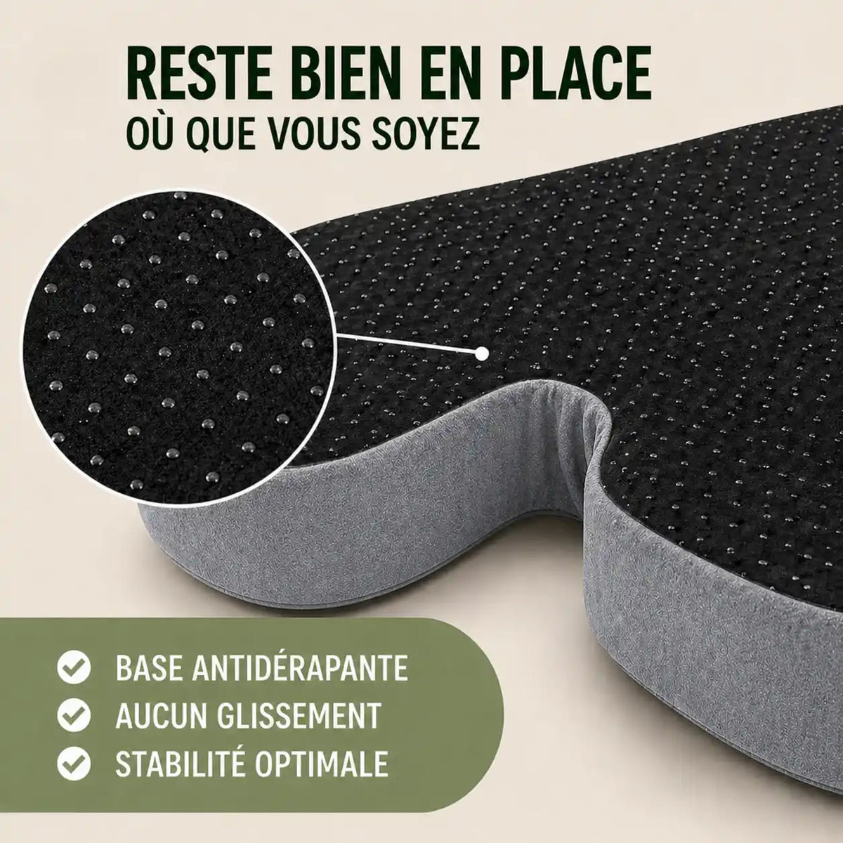 Coussin coccyx mémoire de forme gris base antidérapante visible