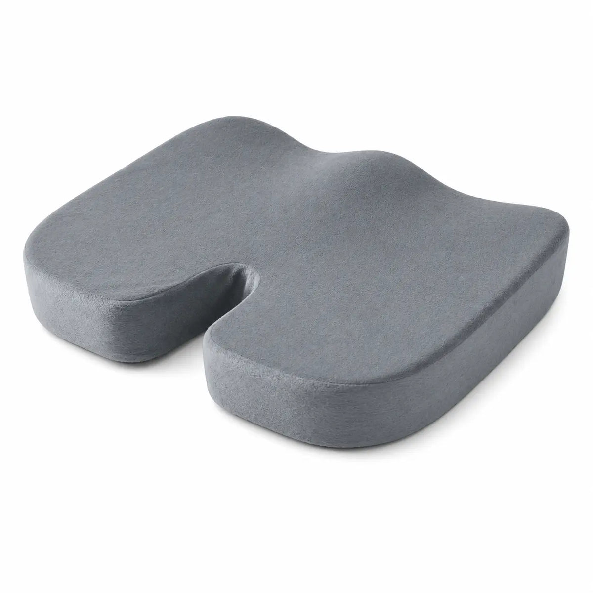 Coussin coccyx mémoire de forme gris sur fond blanc