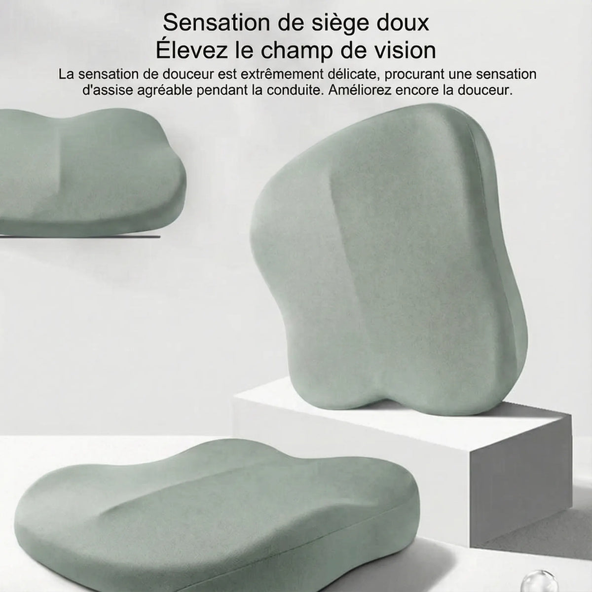 Coussin siège voiture vert mise en situation d'usage