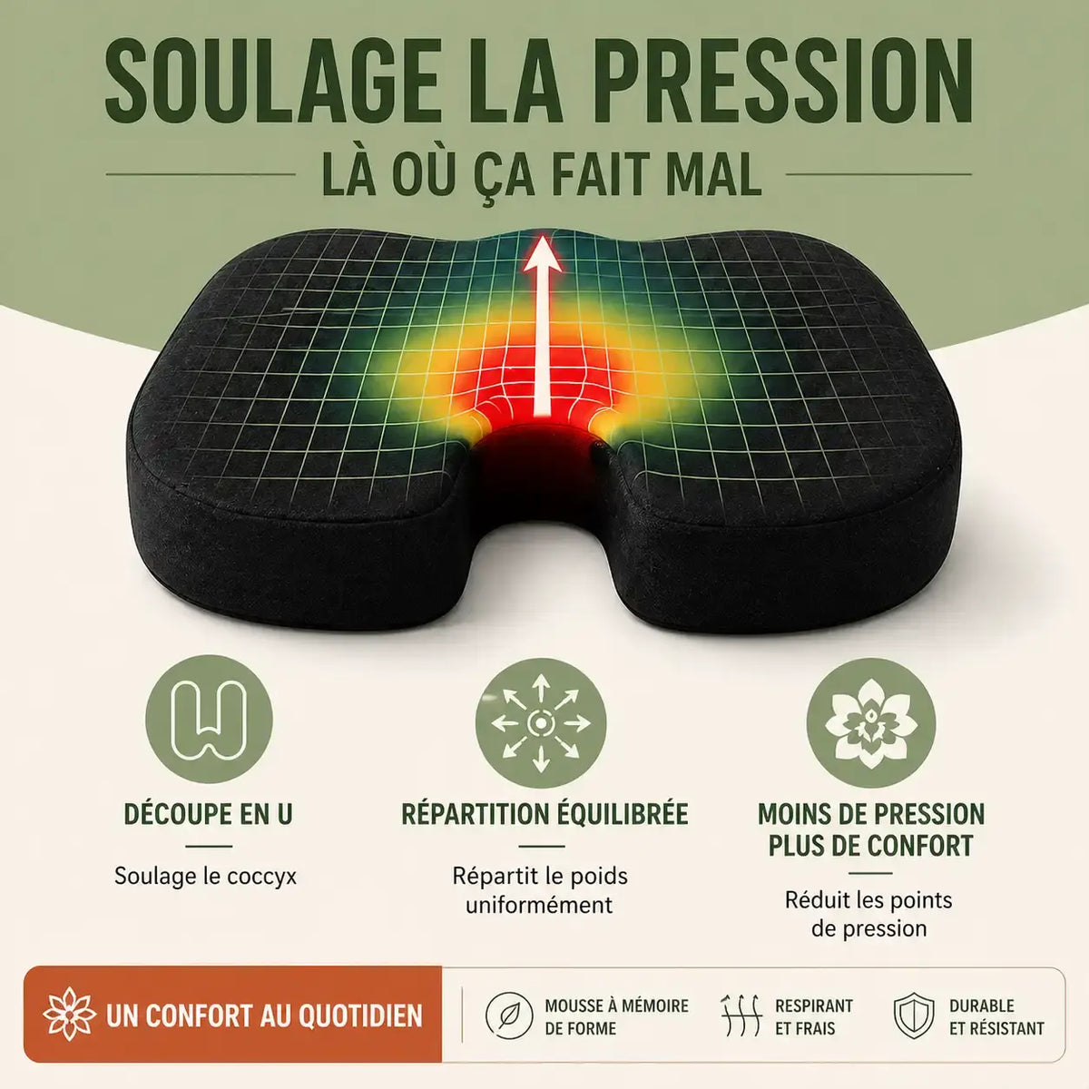 Coussin mémoire antidérapant marron illustration du soutien d'assise vue 2