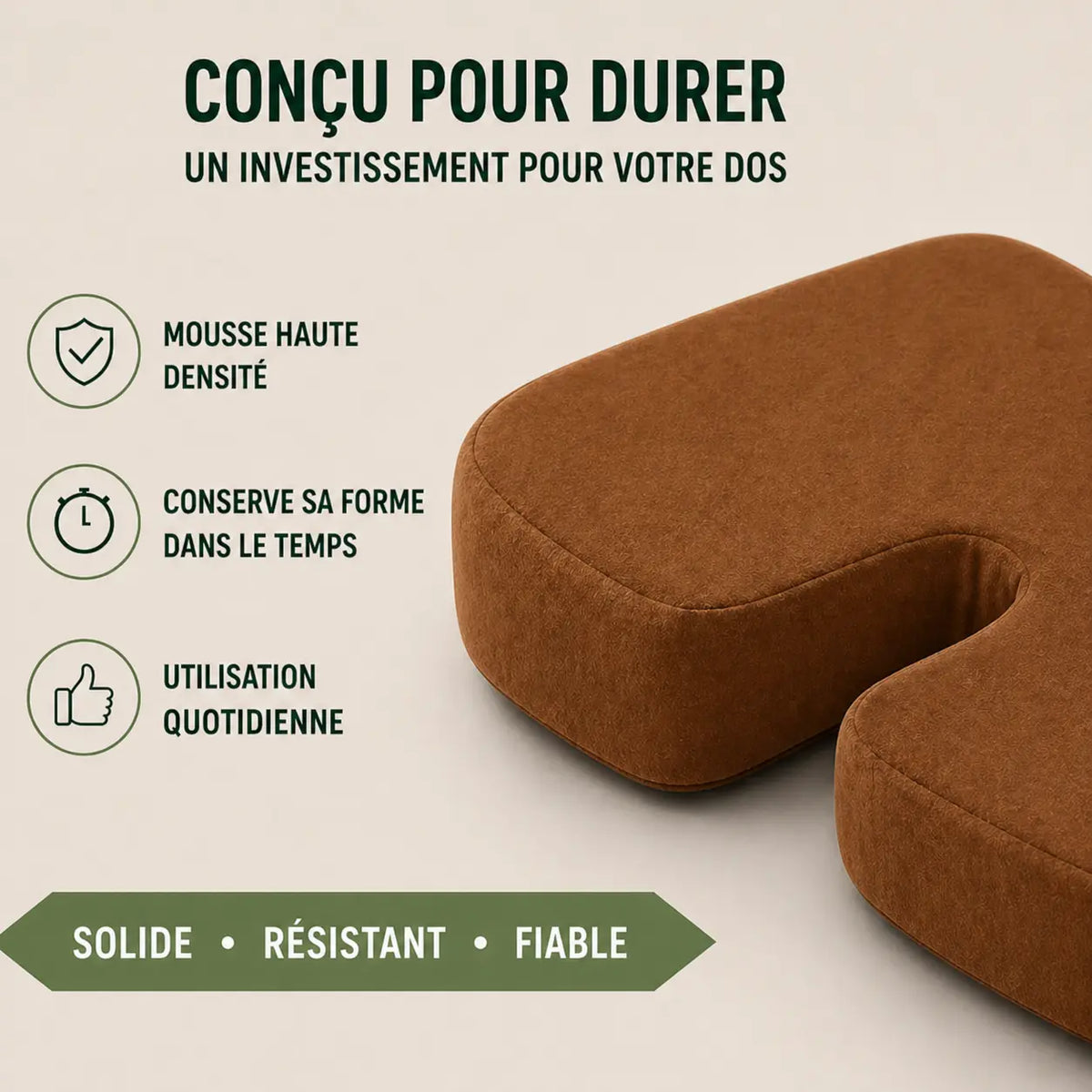 Coussin mémoire antidérapant marron détail de la finition