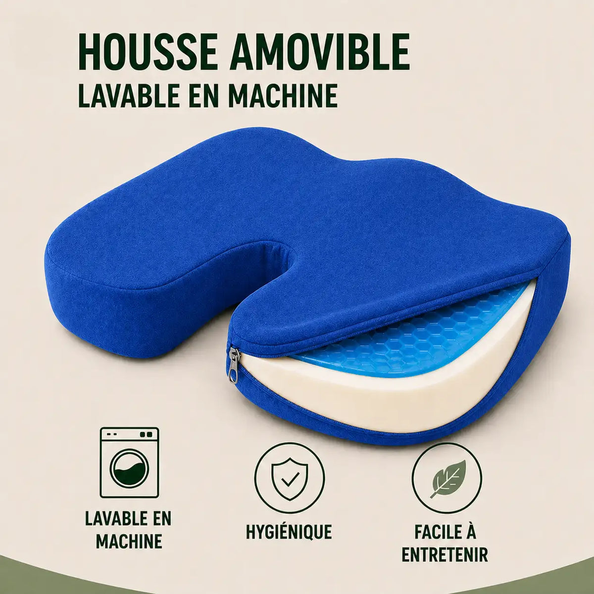 Coussin forme U coccyx bleu housse visible
