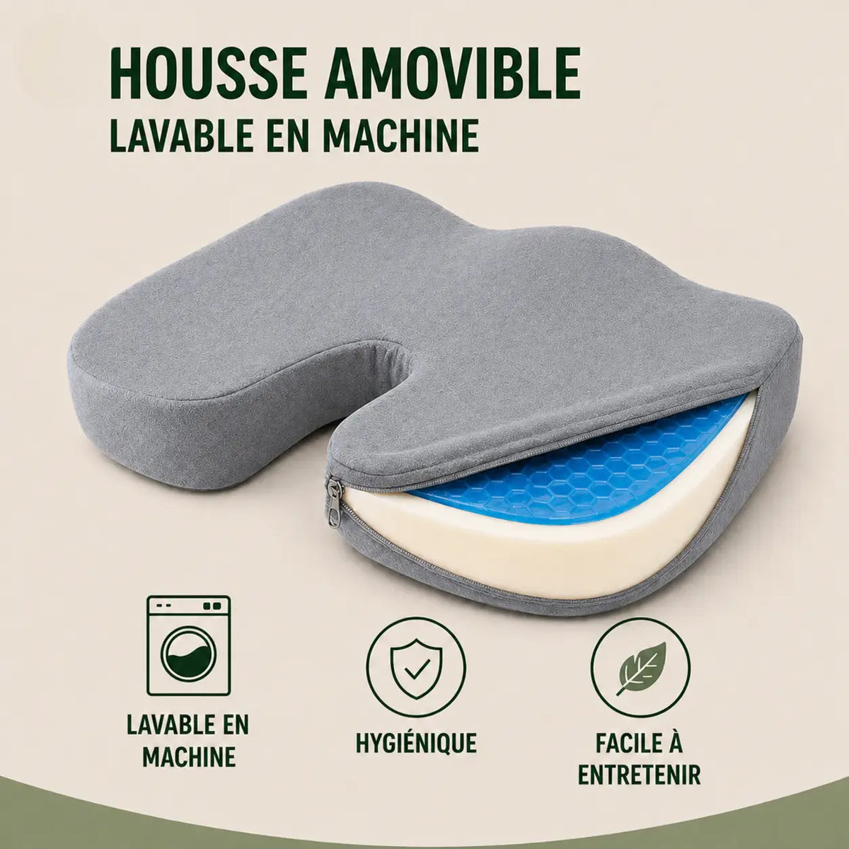 Coussin coccyx mémoire de forme gris housse visible