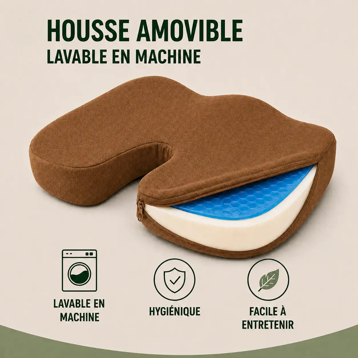 Coussin mémoire antidérapant marron housse visible