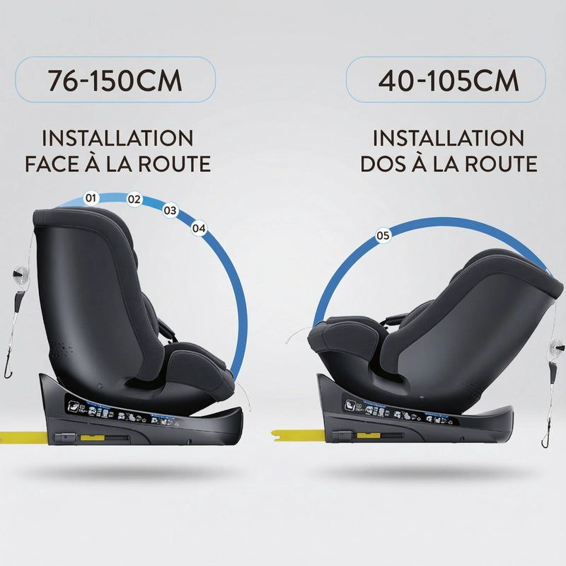 Siège auto pivotant i-Size noir installation face ou dos route