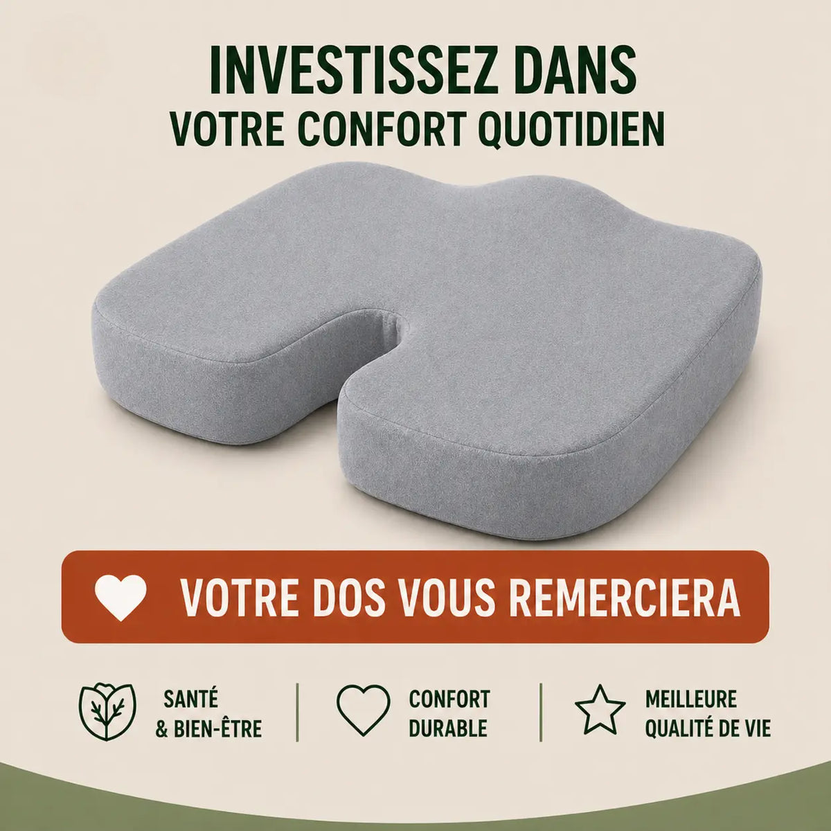 Coussin coccyx mémoire de forme gris vue secondaire