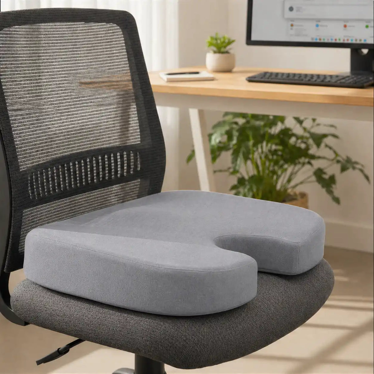 Coussin coccyx mémoire de forme gris mise en situation d'usage