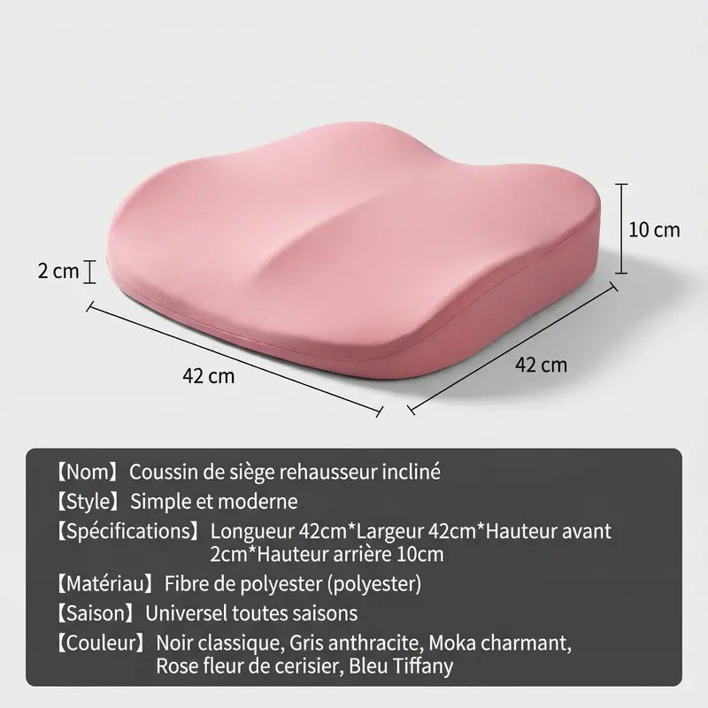 Coussin rehausseur auto rose avec dimensions visibles