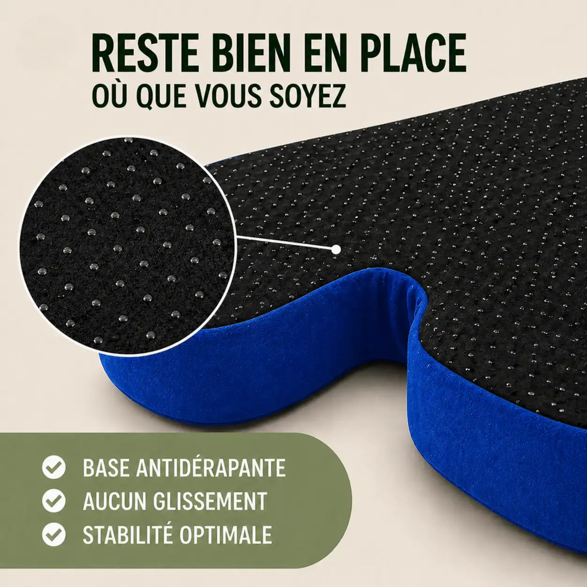 Coussin forme U coccyx bleu base antidérapante visible