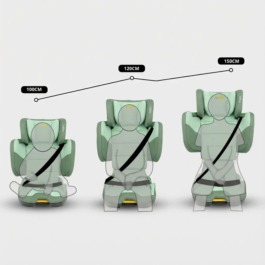 Rehausseur de Siège Auto avec Dossier Haut Vert (100–150 cm) avec dimensions visibles