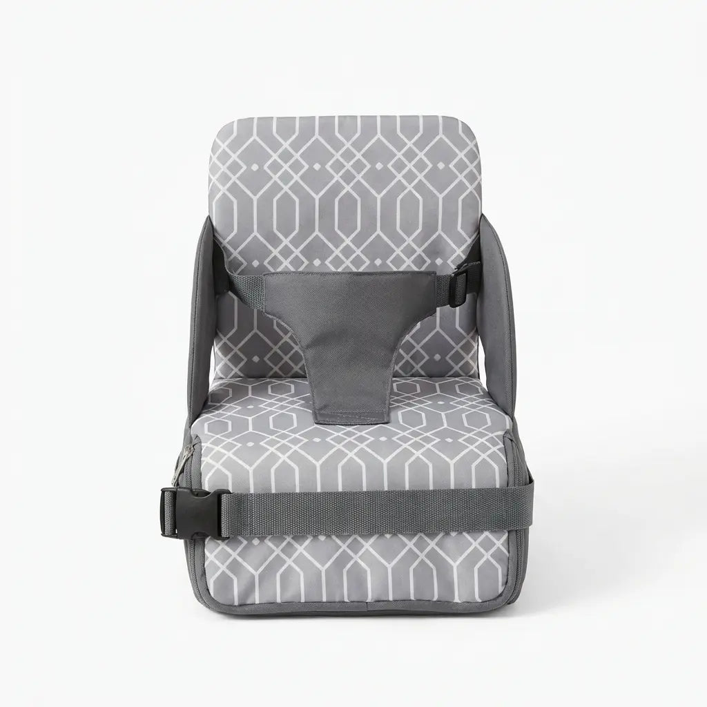 Rehausseur enfant rangement gris sur fond blanc sangles de fixation visibles