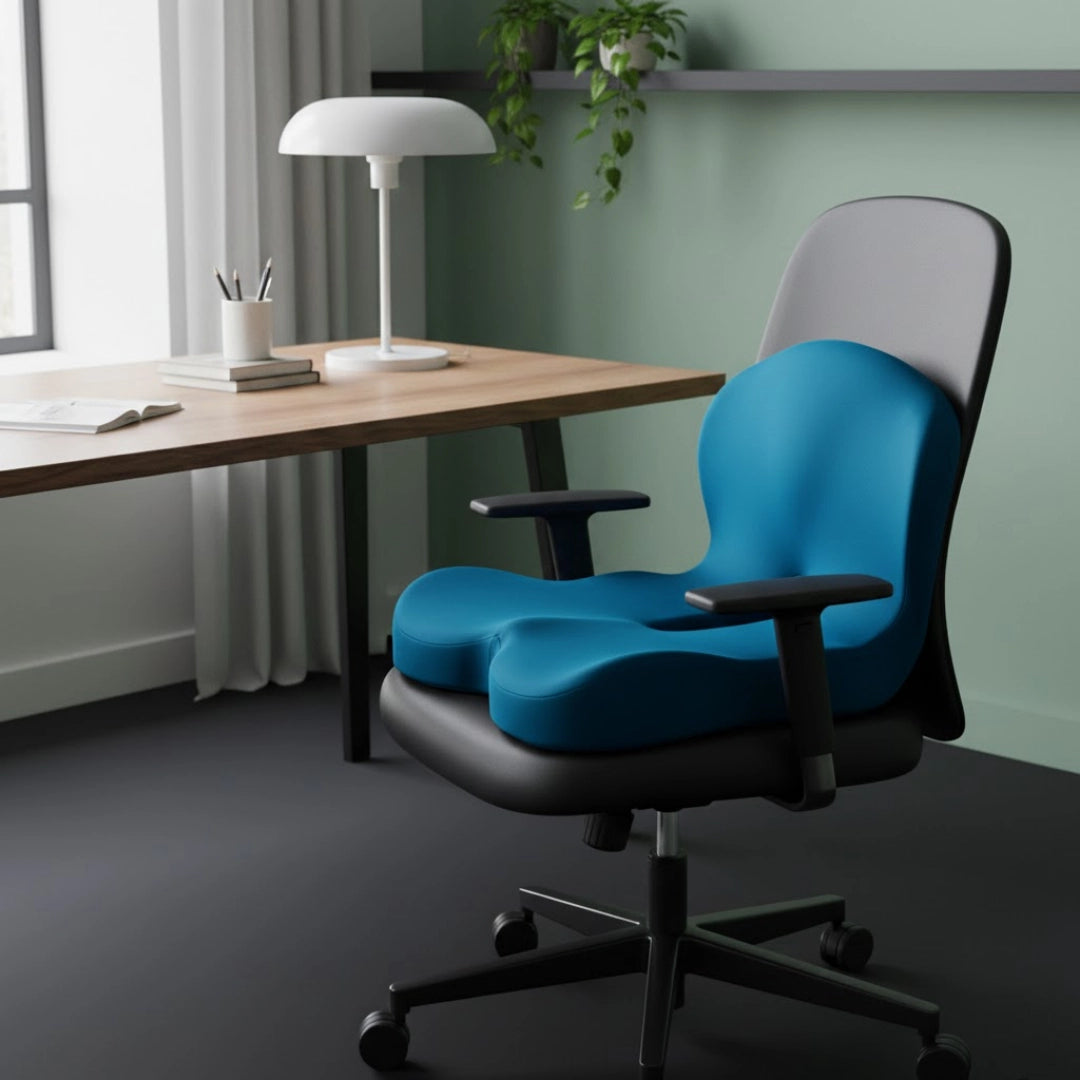 Coussin ergonomique forme U bleu sur une chaise de bureau