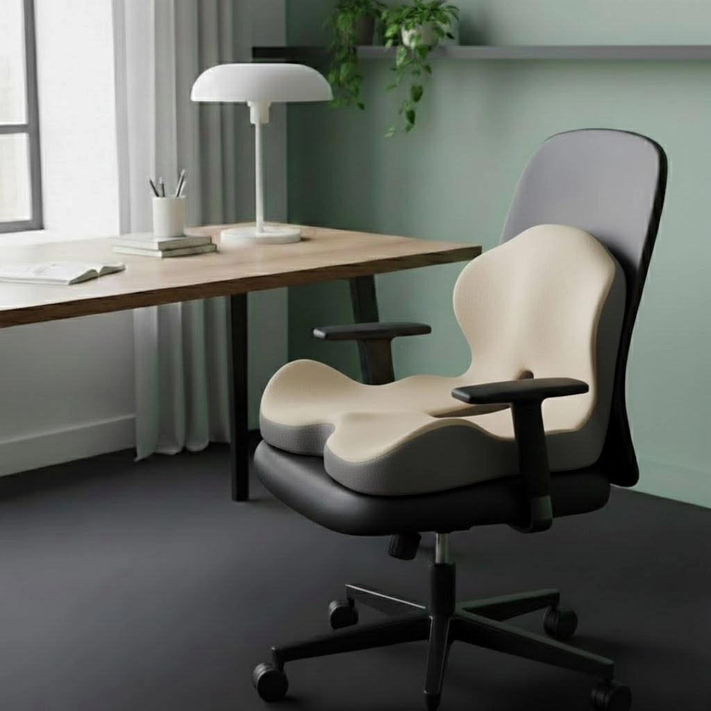 Coussin haute densité gris beige sur une chaise de bureau