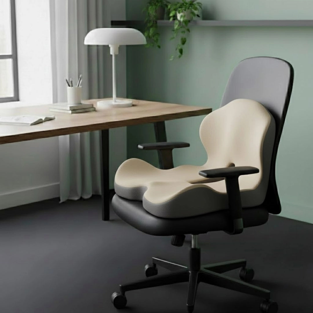 Coussin haute densité gris beige sur une chaise de bureau