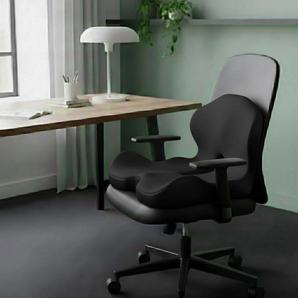 Coussin mémoire de forme coccyx noir sur une chaise de bureau