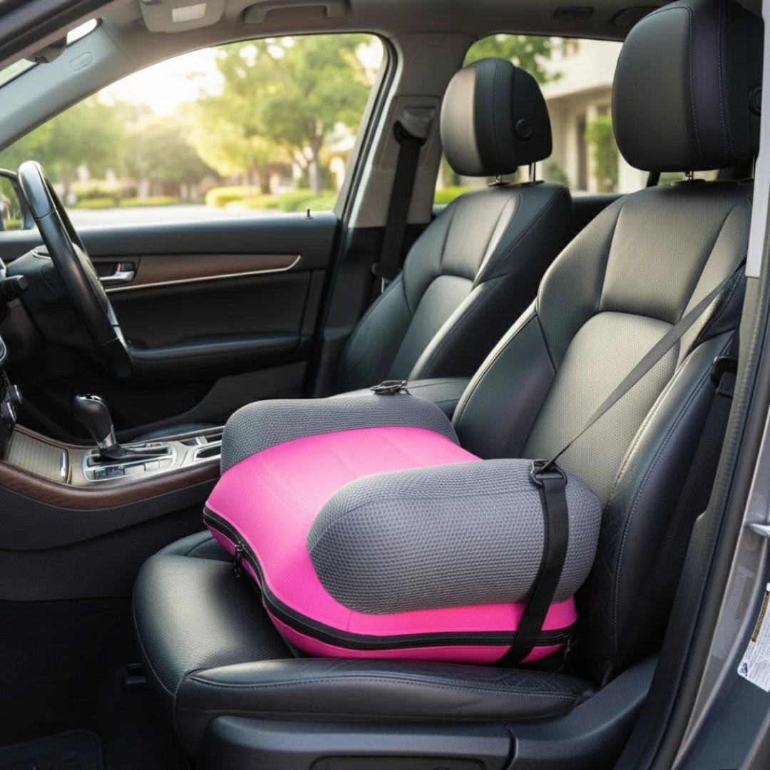 Rehausseur gonflable ultra doux rose installé dans une voiture format gonflable visible