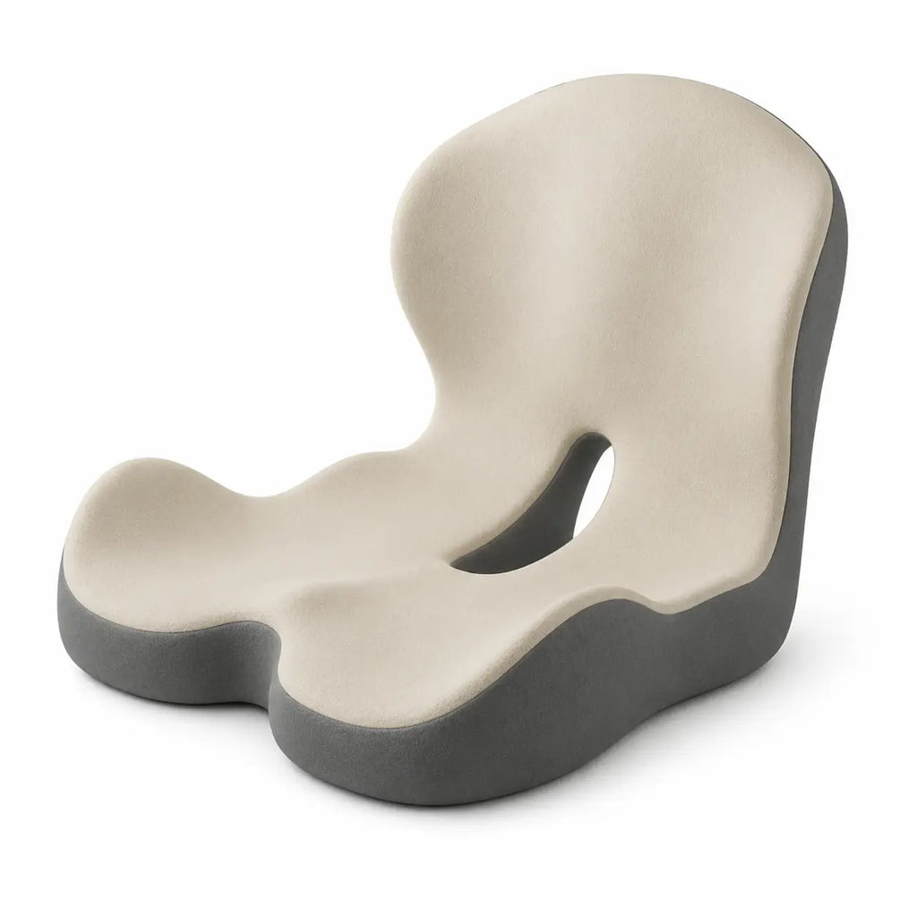 Coussin haute densité gris beige sur fond blanc