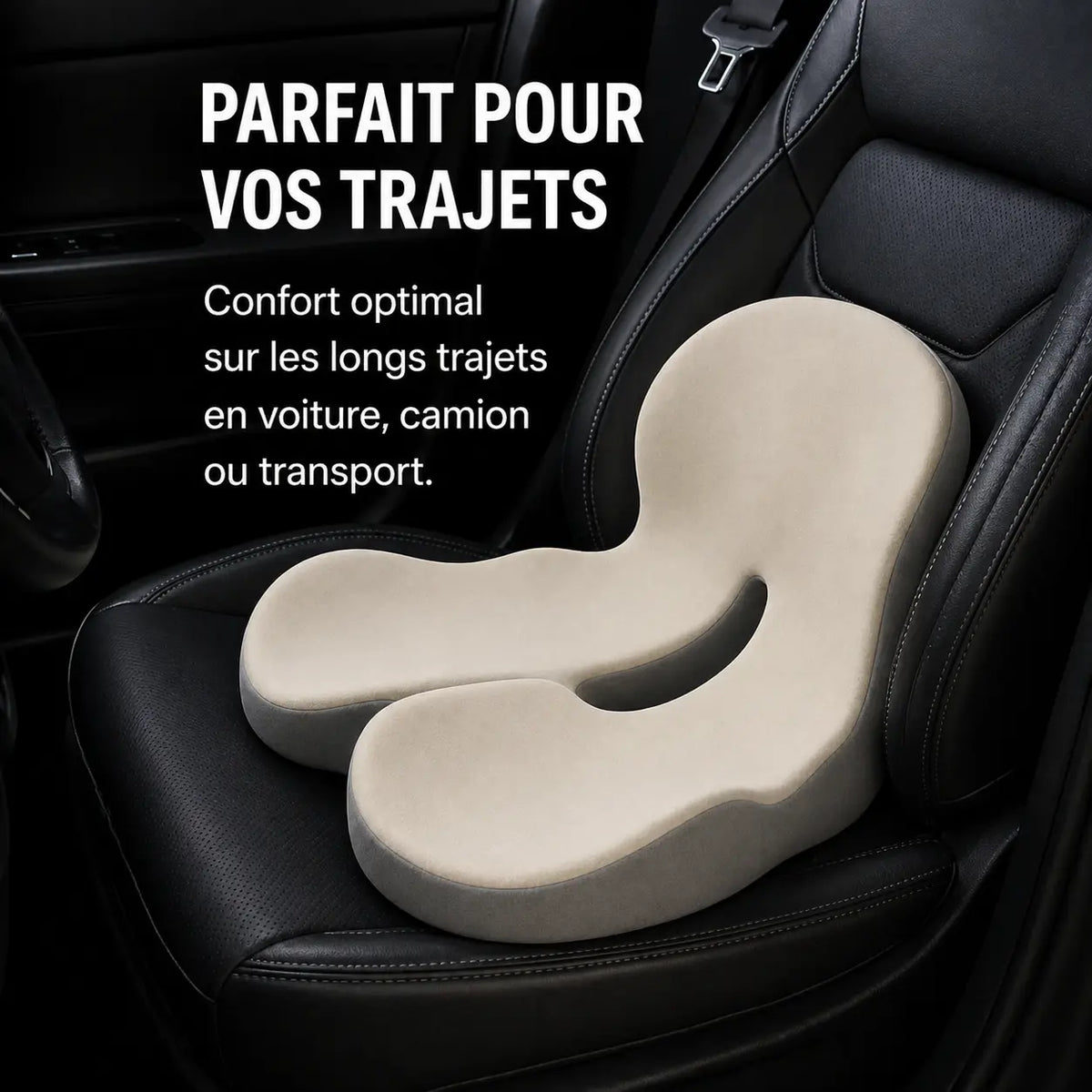 Coussin haute densité gris beige installé dans une voiture