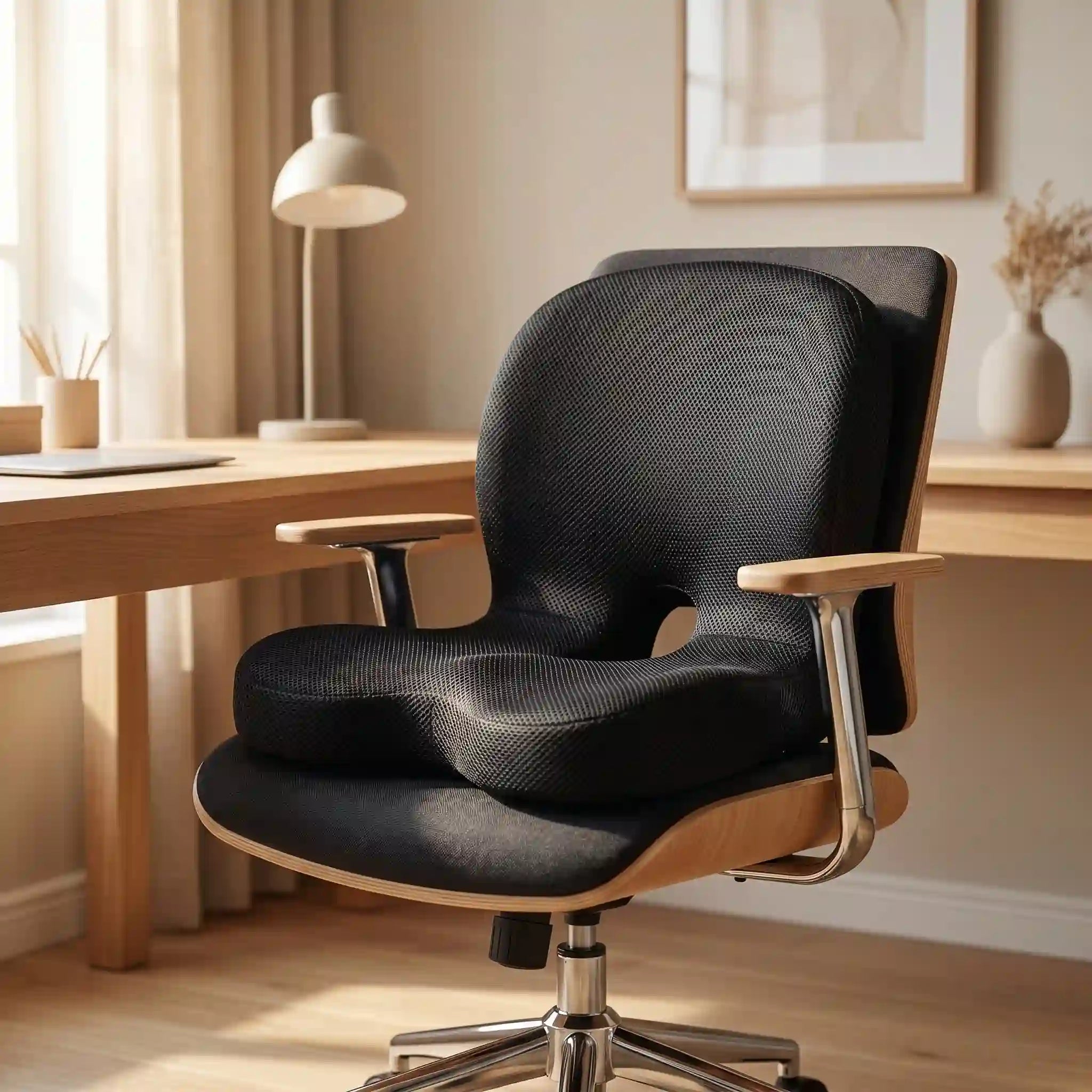 Coussin ergonomique installé sur une chaise de bureau Image