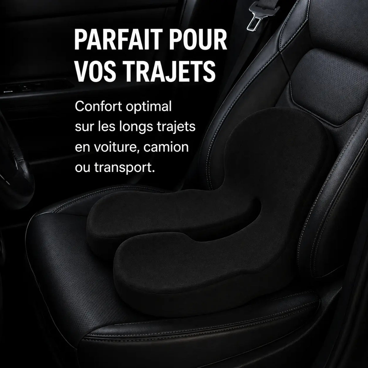 Coussin mémoire de forme coccyx noir installé dans une voiture