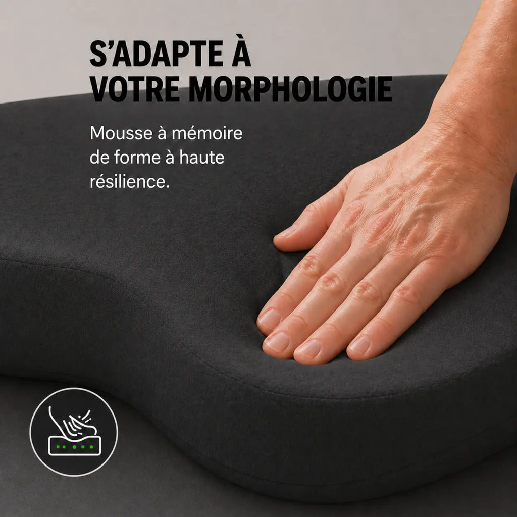 Coussin mémoire de forme coccyx noir détail de la mousse