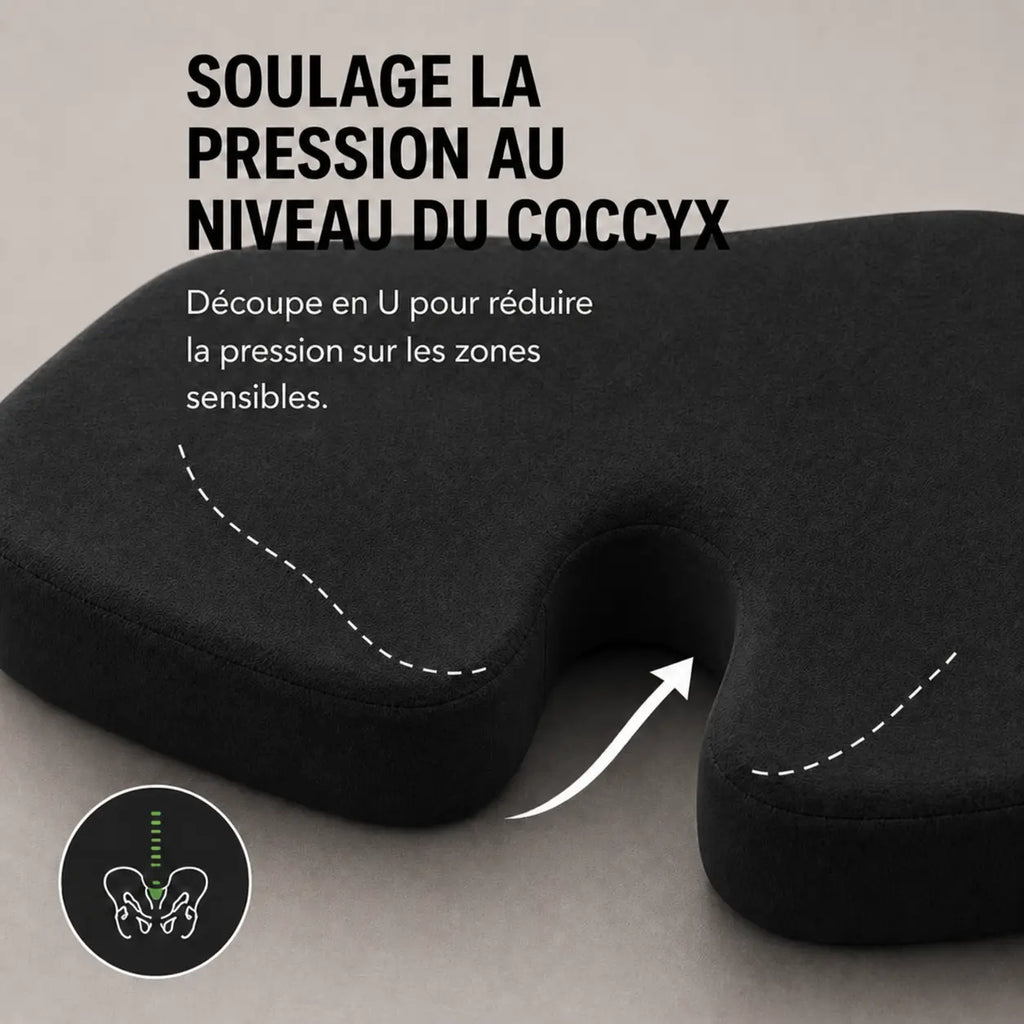 Coussin mémoire de forme coccyx noir avec découpe coccyx en U