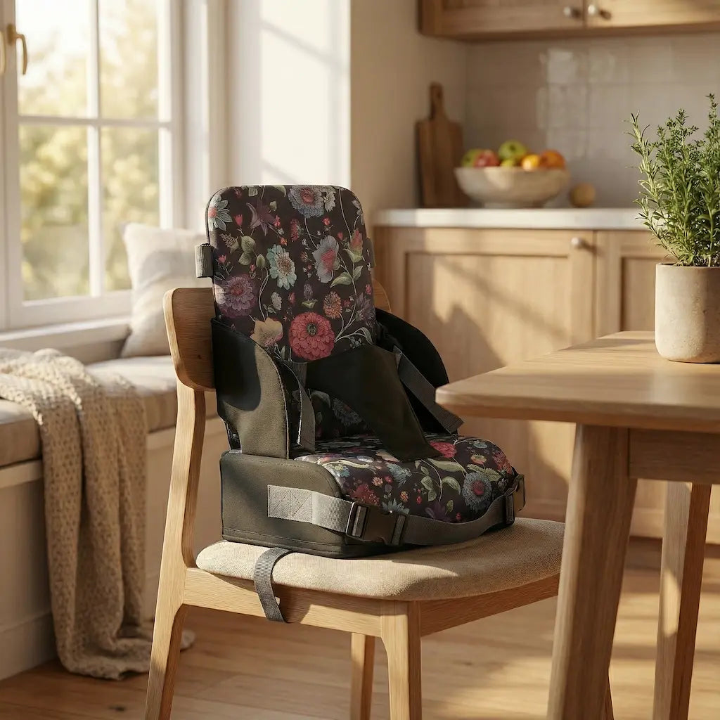 Rehausseur imperméable motif fleur installé sur une chaise