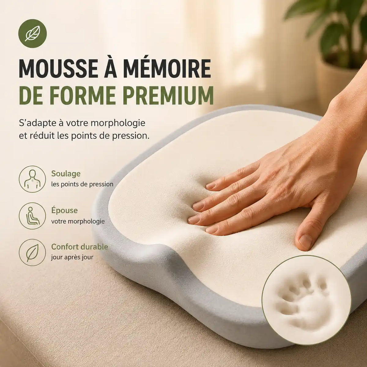 Coussin chaise mémoire de forme beige détail mousse mémoire de forme