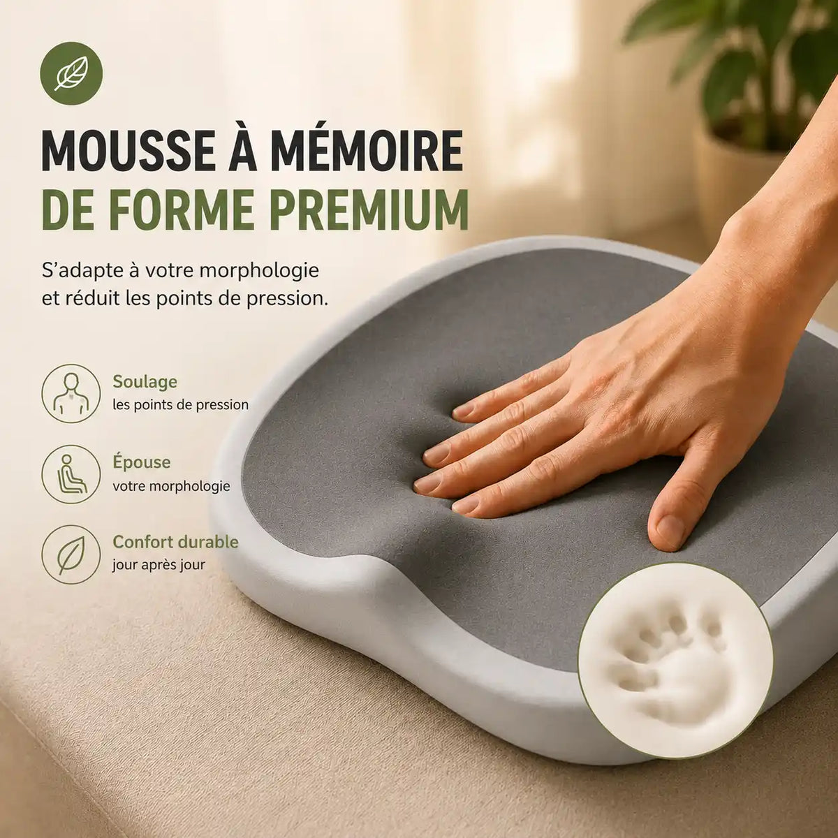 Coussin chaise absorbant gris foncé détail mousse mémoire de forme