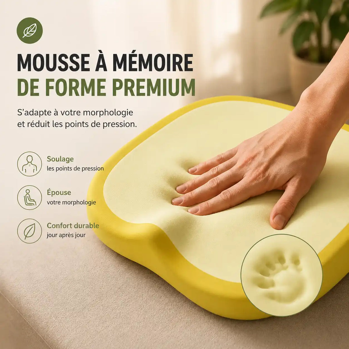 Coussin élévateur jaune lavable détail mousse mémoire de forme