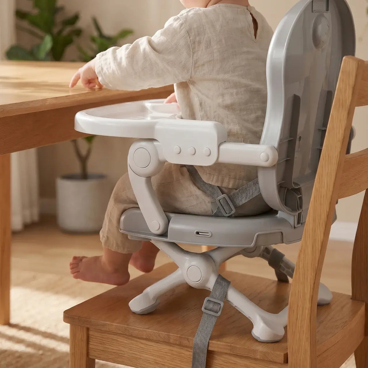 Rehausseur bébé transportable multifonction installé sur une chaise format transportable visible