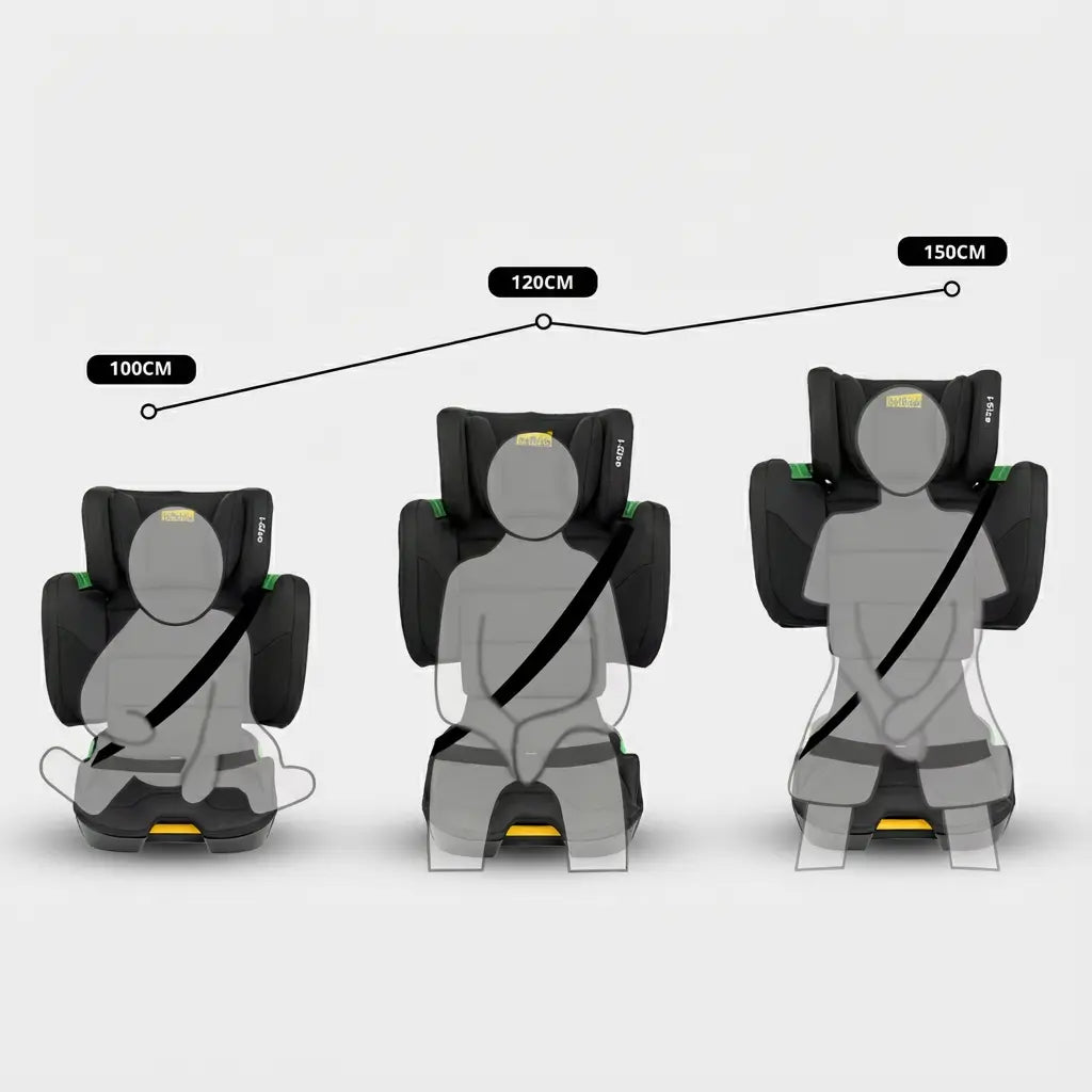 Rehausseur de Siège Auto avec Dossier Haut Noir (100–150 cm) avec dimensions visibles avec dossier visible