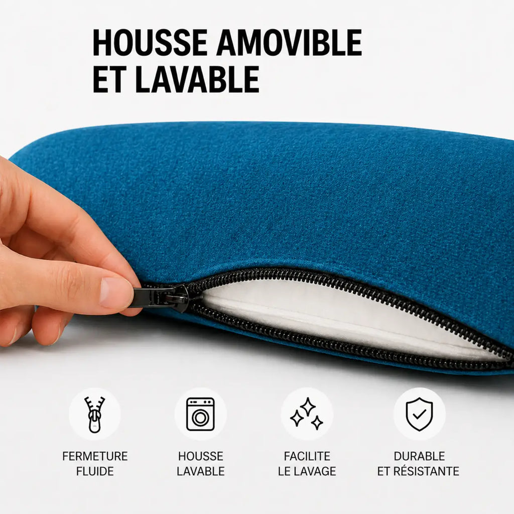 Coussin ergonomique forme U bleu housse zippée visible