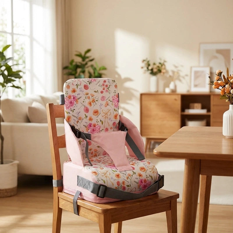 Rehausseur amovible rose fleur installé sur une chaise