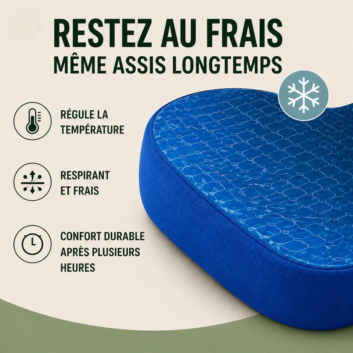 Coussin forme U coccyx bleu surface rafraîchissante visible