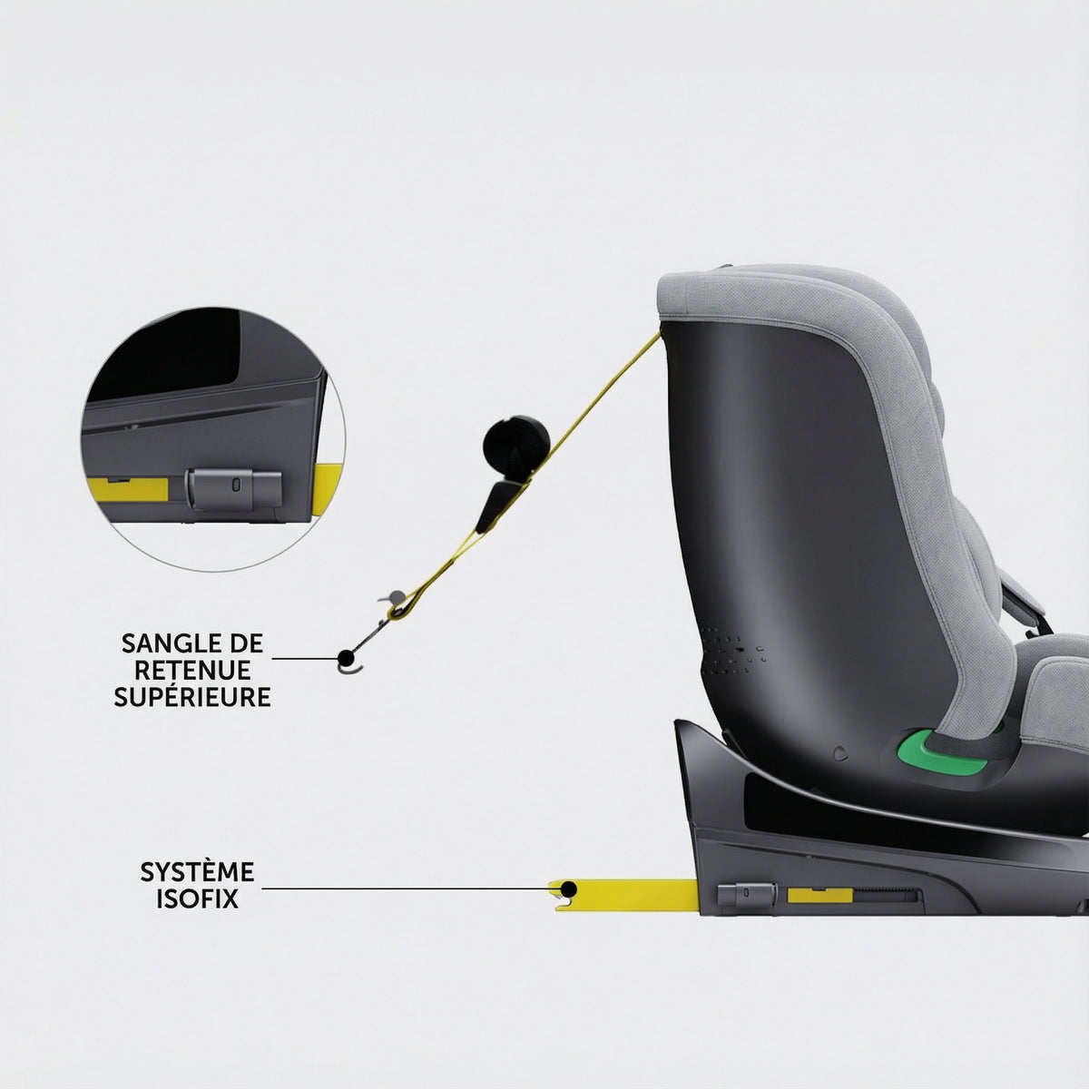 Siège auto rehausseur Isofix gris fixations Isofix visibles
