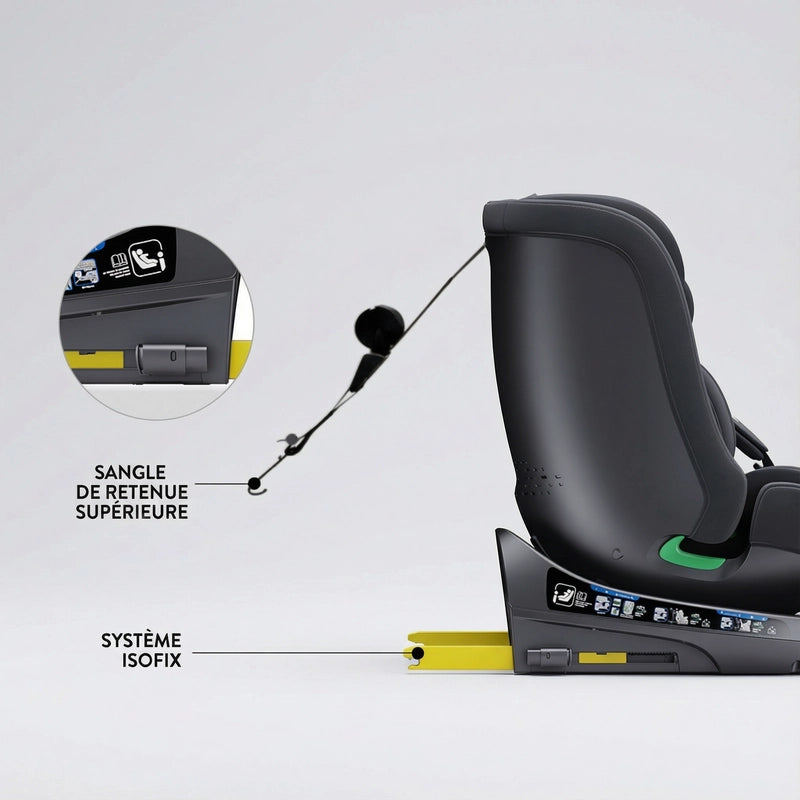 Siège auto pivotant i-Size noir fixations Isofix visibles