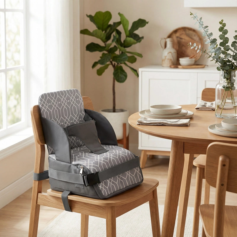 Rehausseur enfant rangement gris sangles de fixation visibles installé sur une chaise